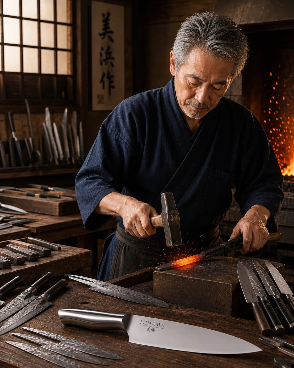 A smith at the forge, hammering a glowing blade