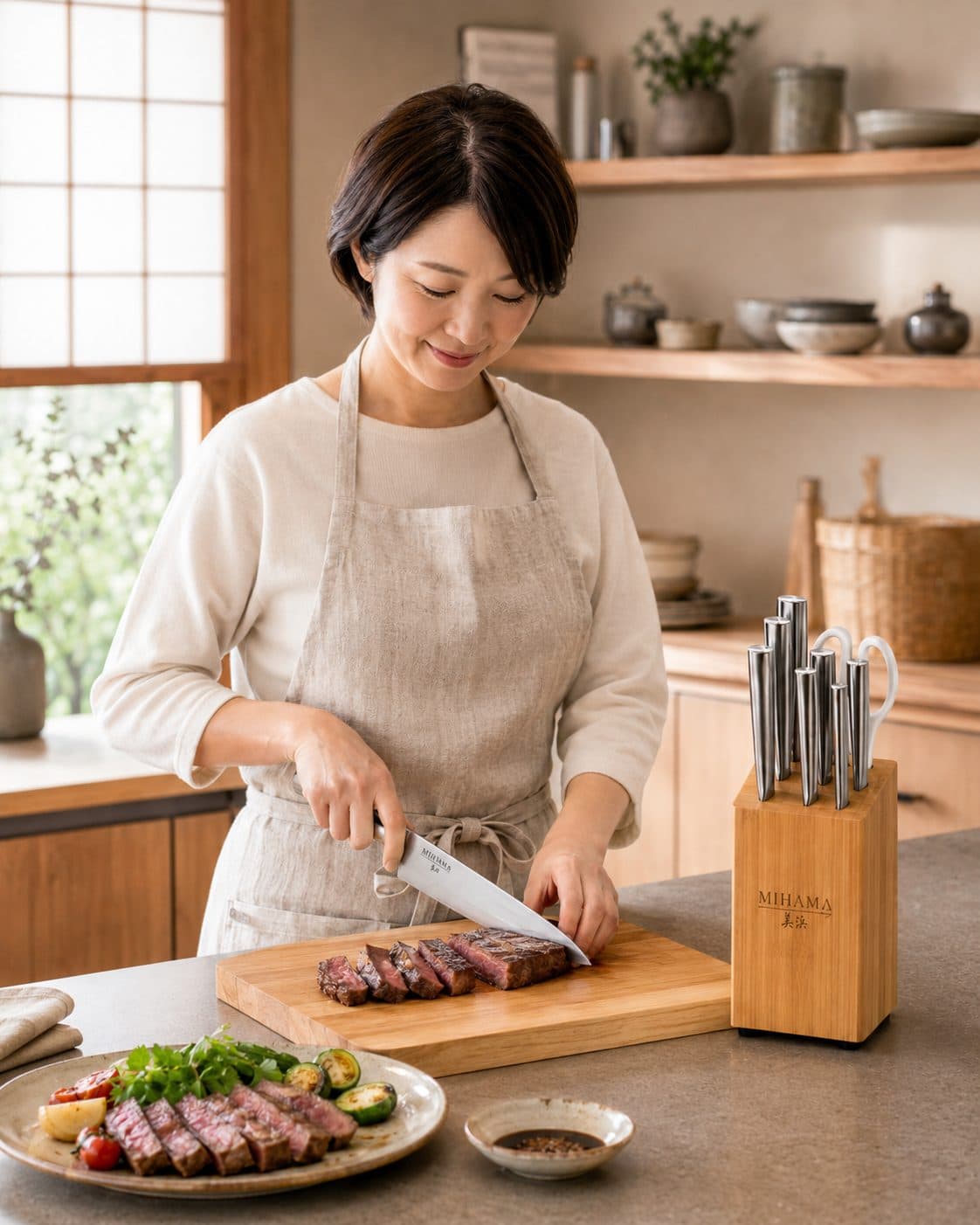 Slicing steak on a wooden board in a calm, sunlit kitchen